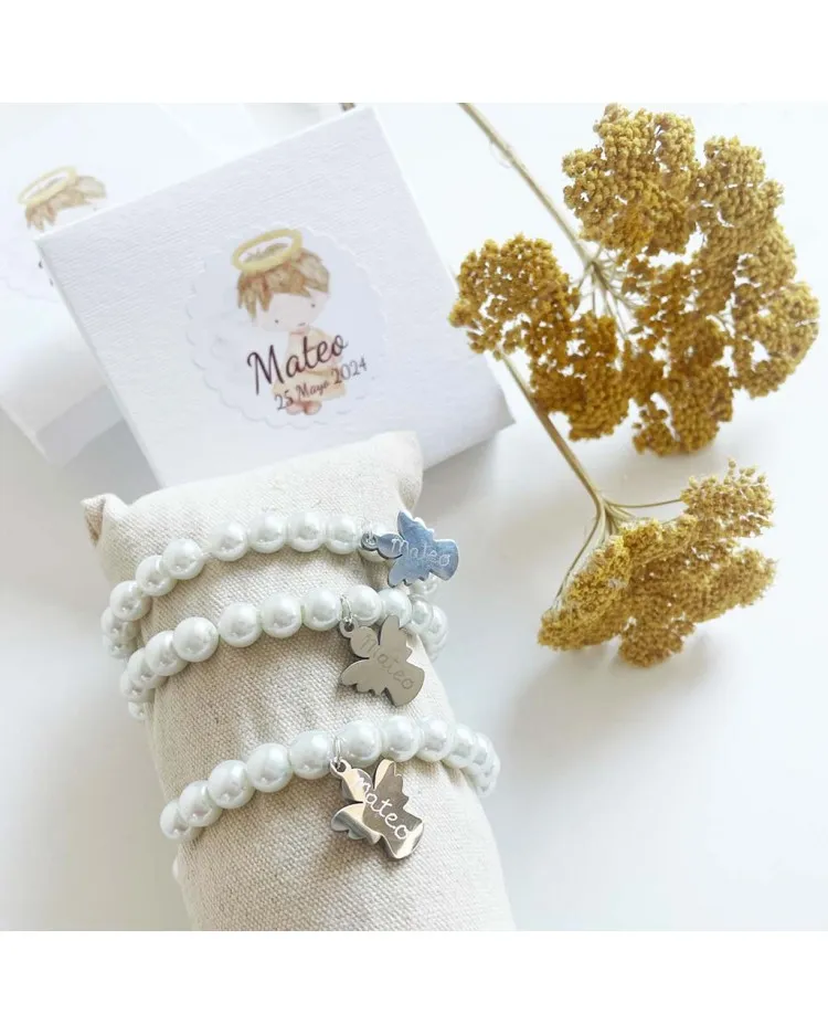 6 pulseras de perlas para invitados de bautizo