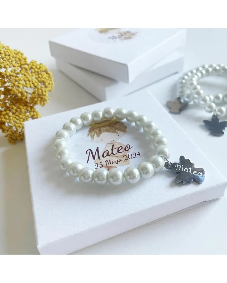 6 pulseras de perlas para invitados de bautizo