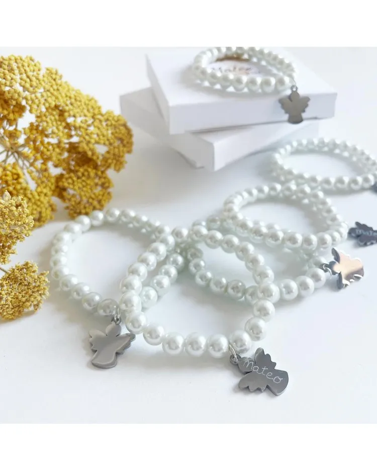 6 pulseras de perlas para invitados de bautizo