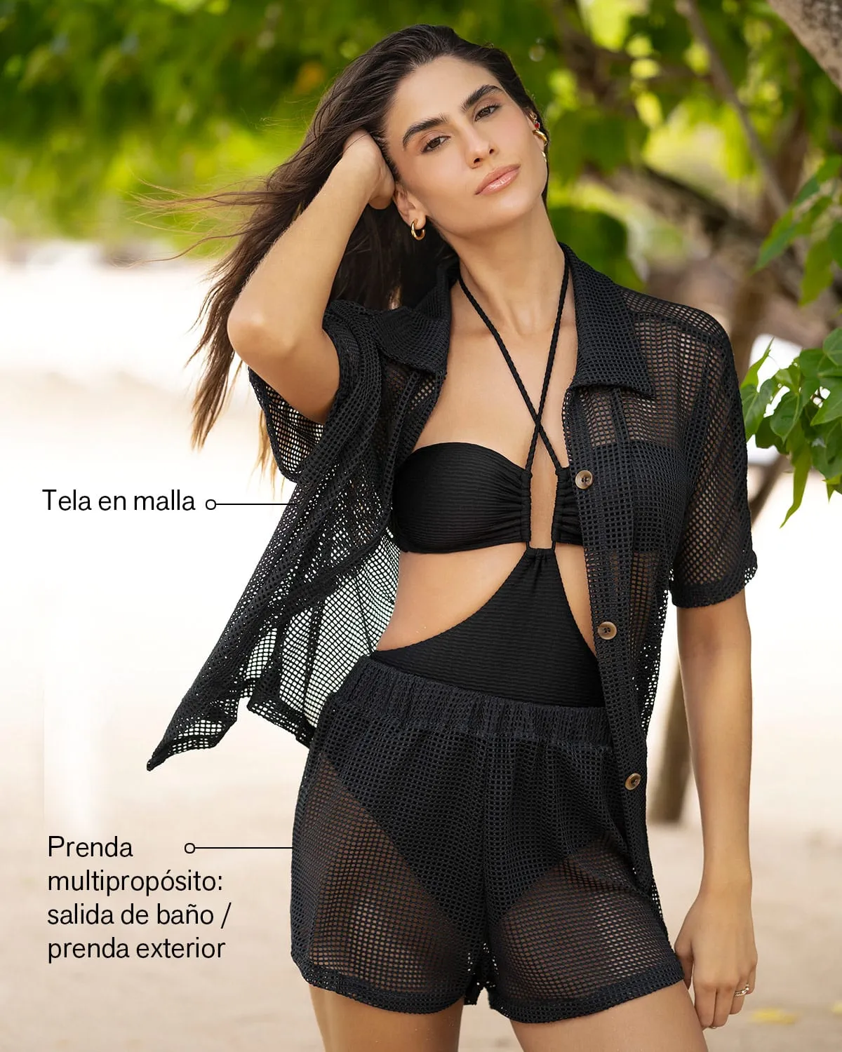Camiseta playera en malla con botones tipo carey
