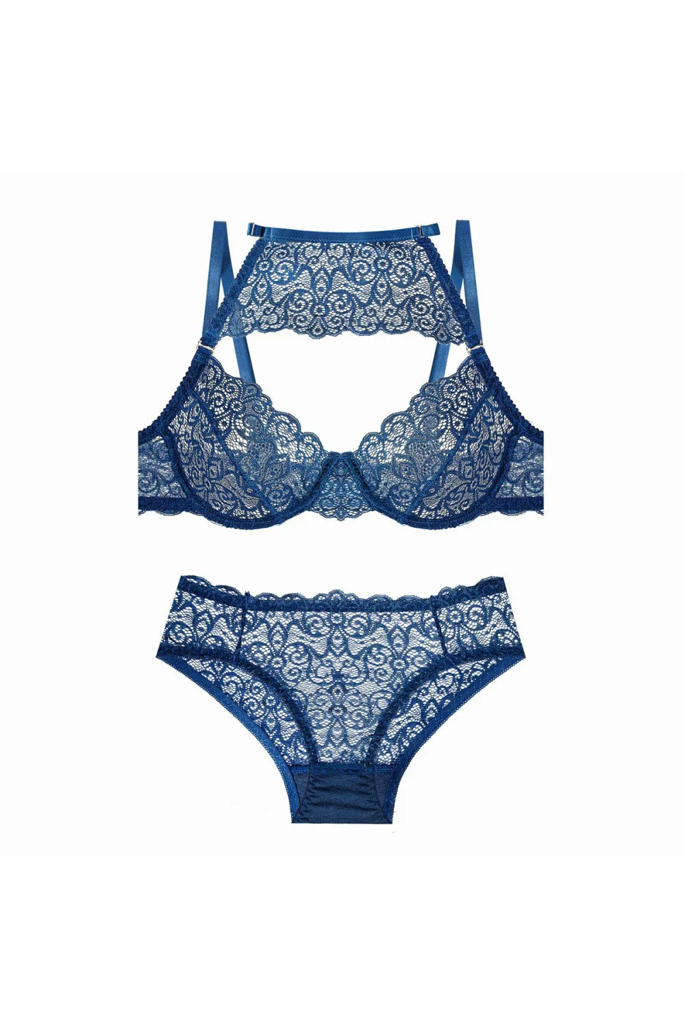 Conjunto de lencería de encaje azul de 2 piezas