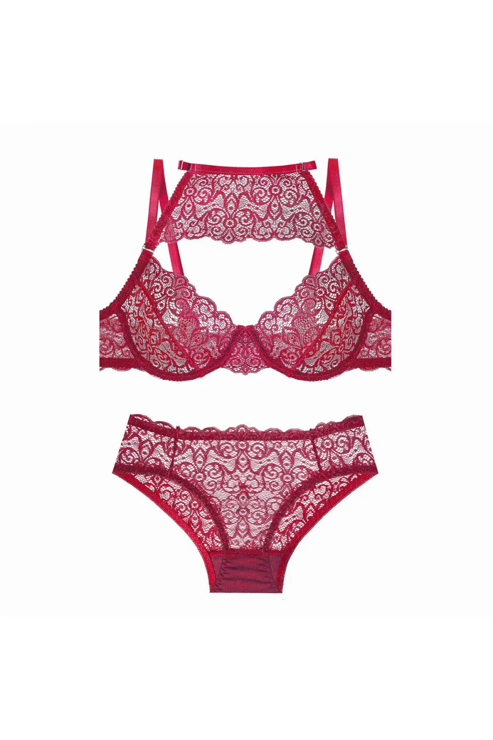 Conjunto de lencería de encaje rojo de 2 piezas