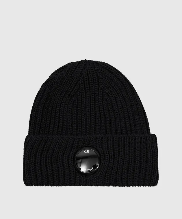C.P. Company Black wool cap with logo patch