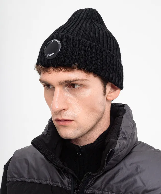 C.P. Company Black wool cap with logo patch