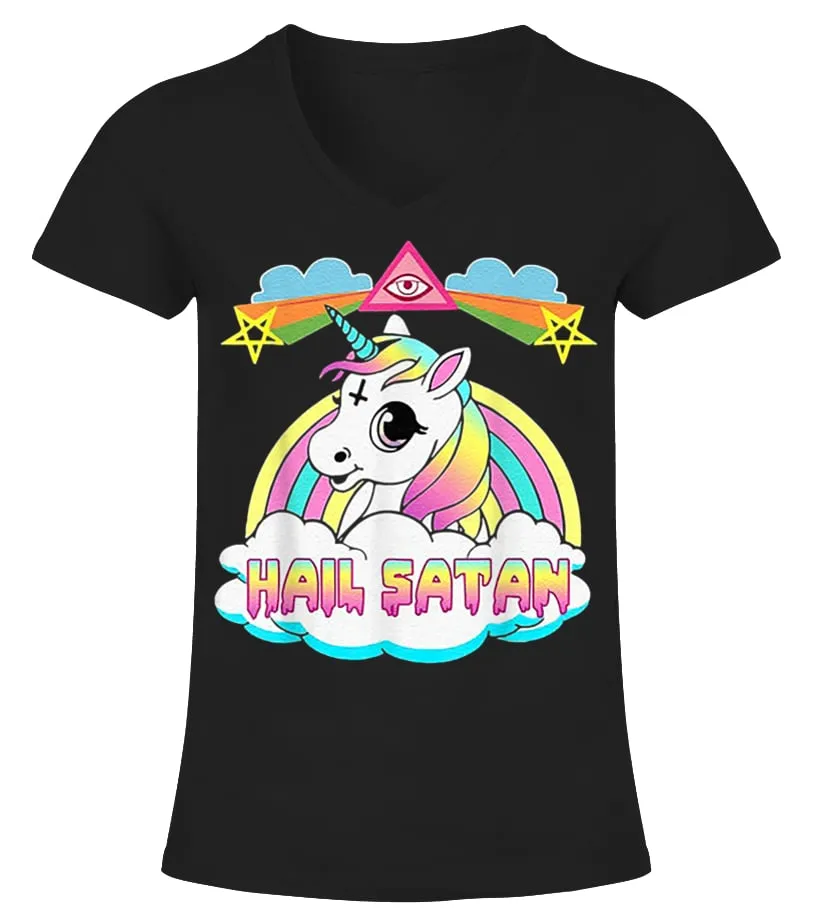 HAIL SATAN UNICORN TSHIRT  FUNNY TEE RAINBOW DEATH METAL CAMISETA CUELLO PICO MUJER