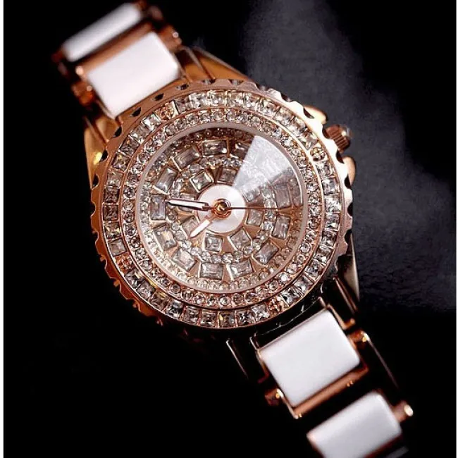  Noble White Ceramic Strap Rhinestone Watch Luxury Diamond Women Gold Watch 