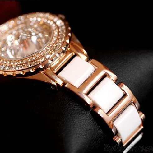  Noble White Ceramic Strap Rhinestone Watch Luxury Diamond Women Gold Watch 