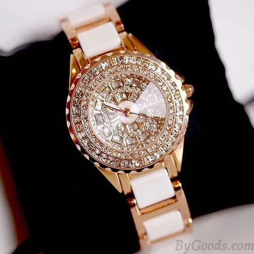  Noble White Ceramic Strap Rhinestone Watch Luxury Diamond Women Gold Watch 