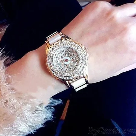  Noble White Ceramic Strap Rhinestone Watch Luxury Diamond Women Gold Watch 