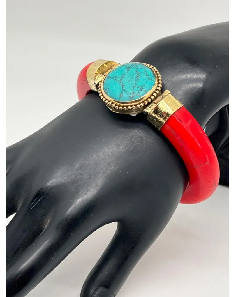ORIGINALES PULSERAS ROJAS DE HUESO CON PIEDRA TURQUESA