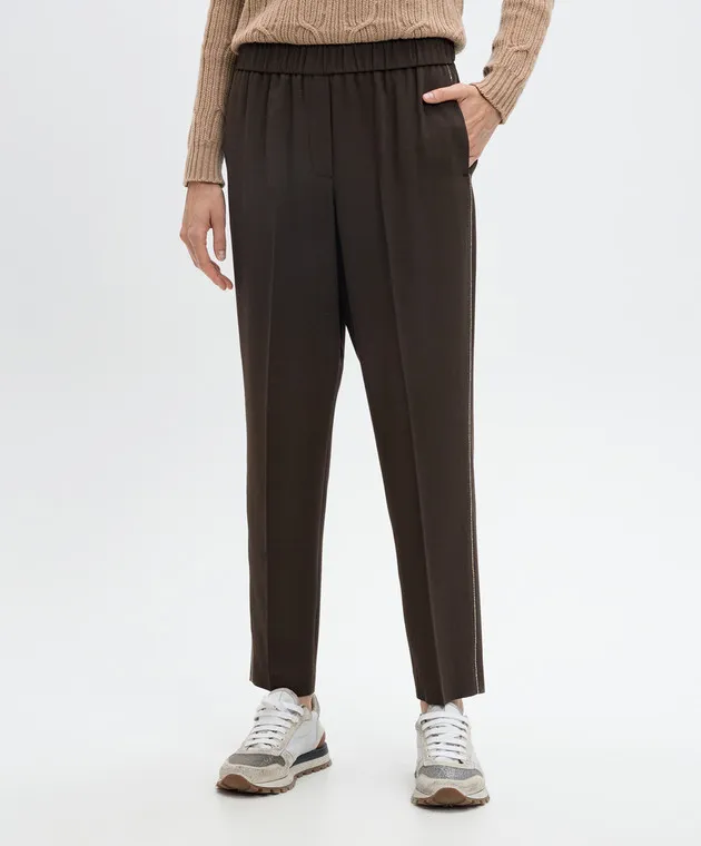 Peserico Brown wool pants with monil chain