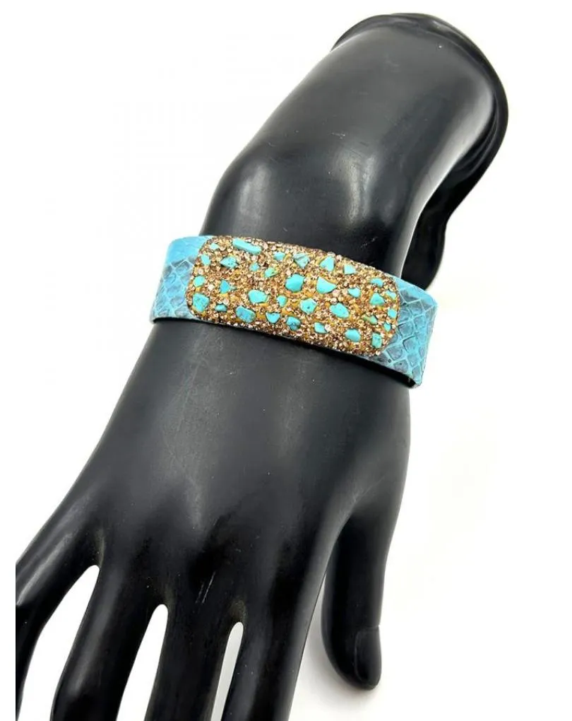 PULSERAS AZULES DE CUERO CON PRECIOSA DECORACION PEDRERIA