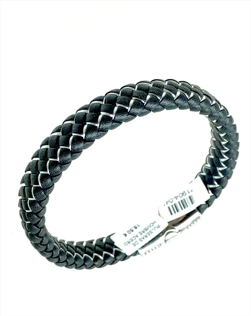 PULSERAS DE HOMBRE CUERO TRENZADO CON DETALLES PLATEADOS
