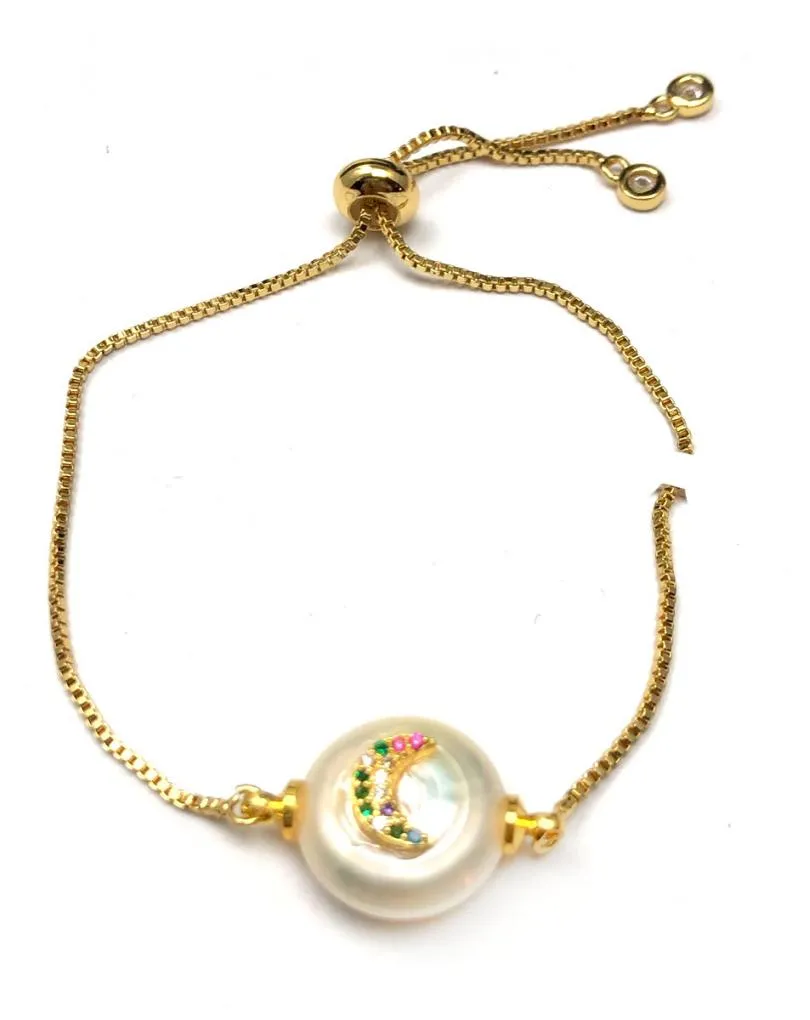 PULSERAS DORADAS AJUSTABLES CON PERLA Y LUNA MULTICOLOR