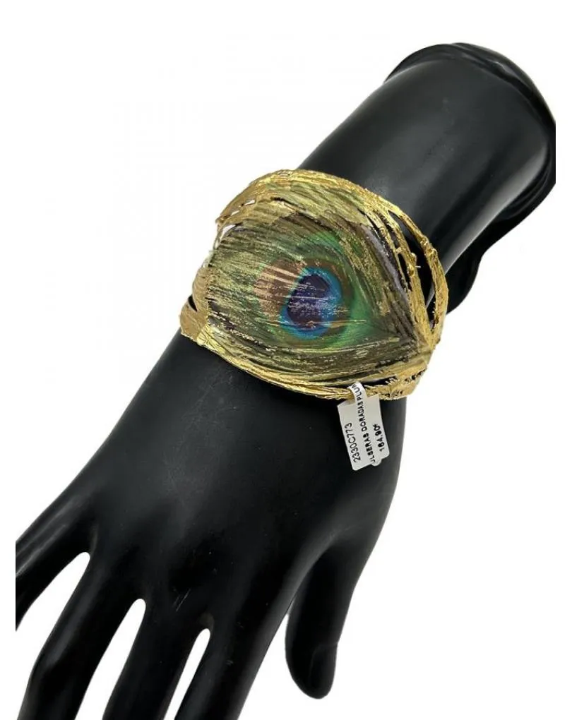 PULSERAS DORADAS UNICAS BRAZALETE PLUMA PAVO REAL PRESERVADA
