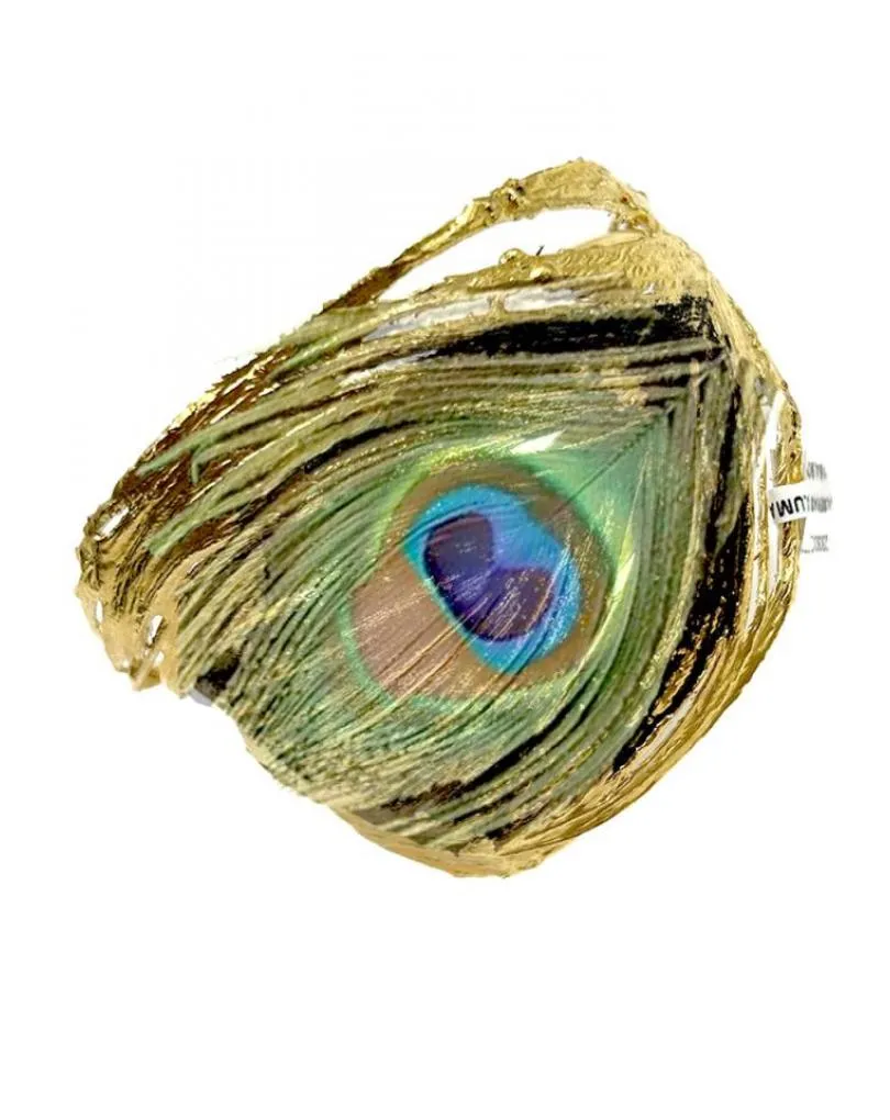 PULSERAS DORADAS UNICAS BRAZALETE PLUMA PAVO REAL PRESERVADA