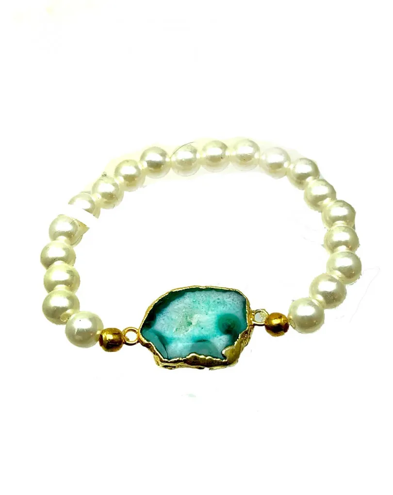 PULSERAS ELASTICAS CON PERLAS DECORADAS CON AGATA AZUL