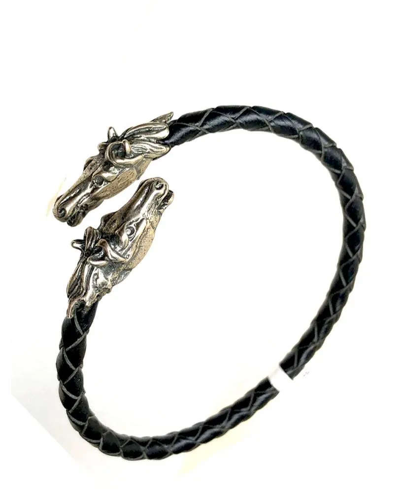 PULSERAS HOMBRE DE CUERO Y PLATA CABEZAS CABALLOS