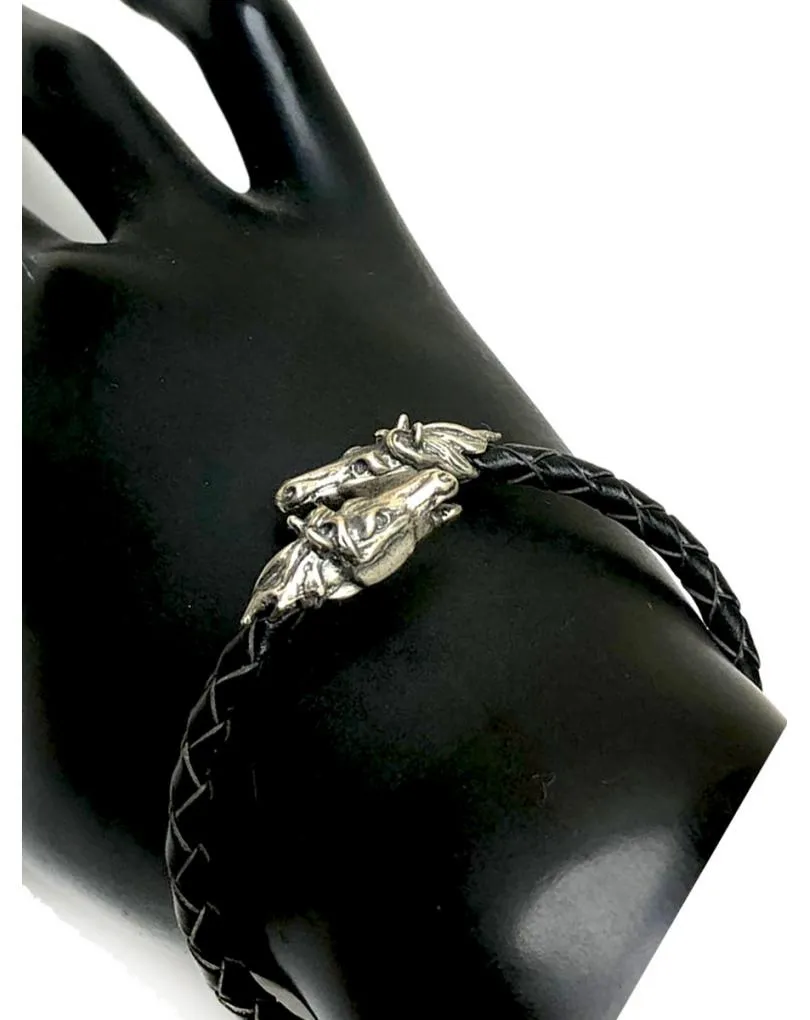 PULSERAS HOMBRE DE CUERO Y PLATA CABEZAS CABALLOS