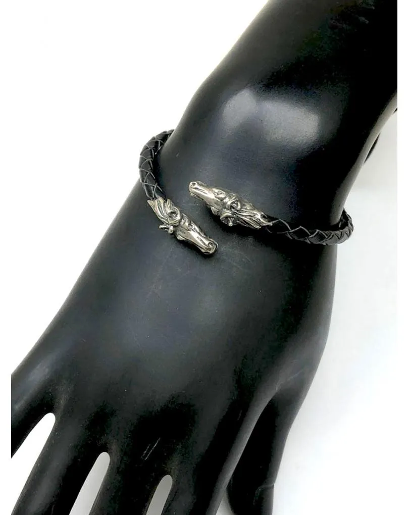 PULSERAS HOMBRE DE CUERO Y PLATA CABEZAS CABALLOS