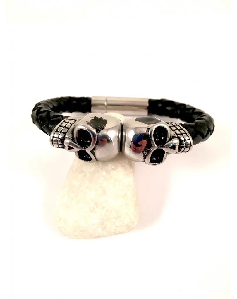 PULSERAS HOMBRE EN ACERO Y CUERO DE CALAVERAS