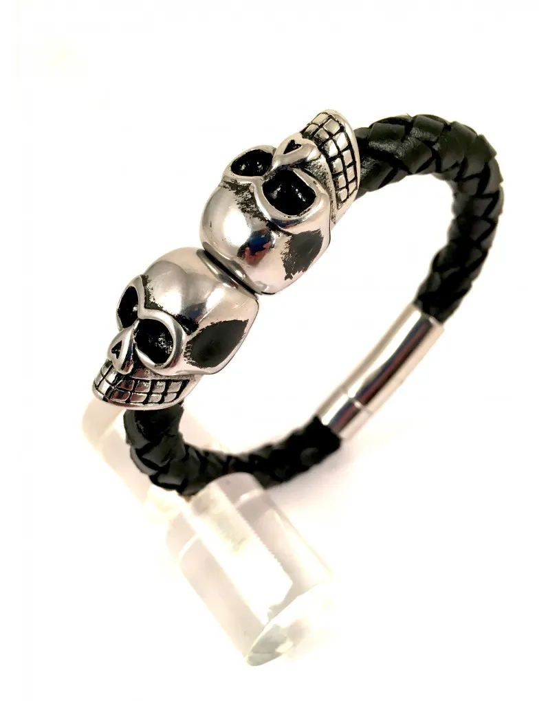 PULSERAS HOMBRE EN ACERO Y CUERO DE CALAVERAS