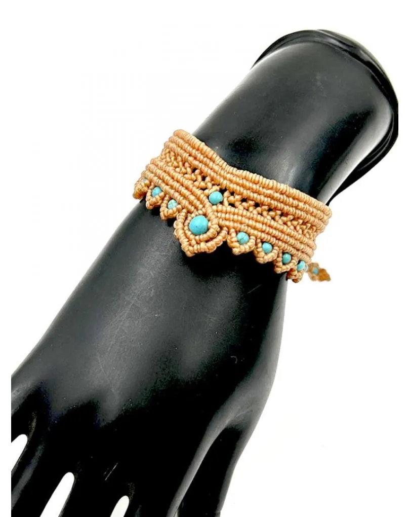 PULSERAS MUJER CAMEL DE MACRAME CON PIEDRAS TURQUESAS