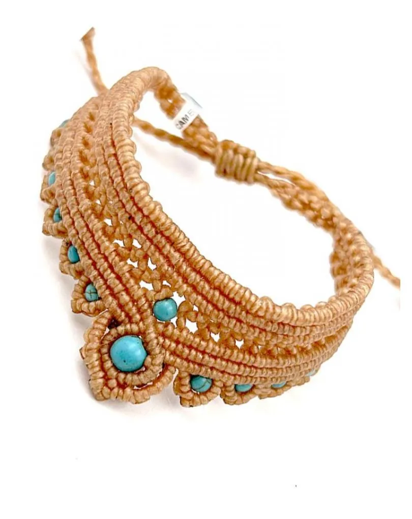 PULSERAS MUJER CAMEL DE MACRAME CON PIEDRAS TURQUESAS