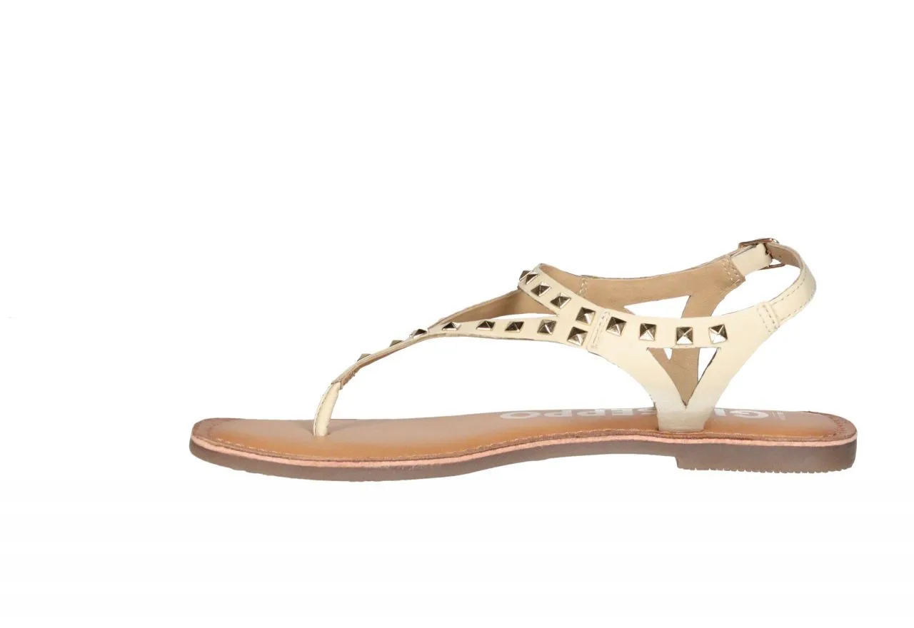 Sandalia Dedo Piel Beige Tachas Doradas