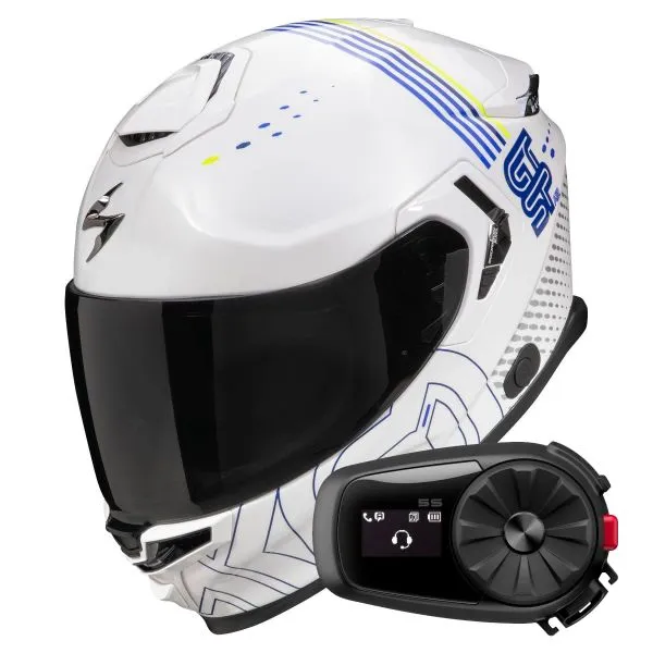 Scorpion Exo GT SP Air Techlane White Blue Yellow fluo + Kit Bluetooth 5S Solo 
