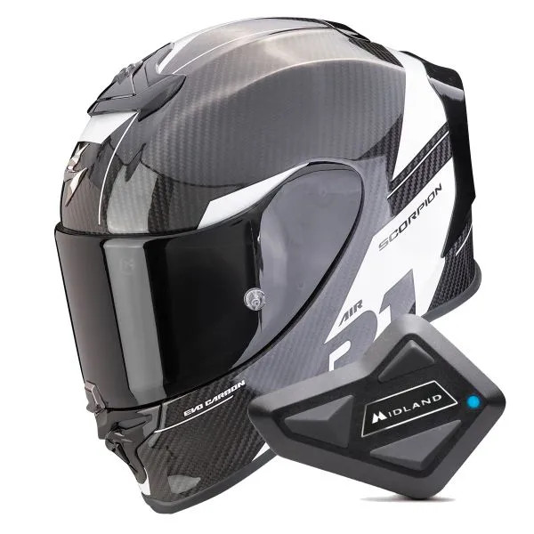 Scorpion Exo R1 Evo Carbon Air Rally Black White + Kit Bluetooth BT Mini 