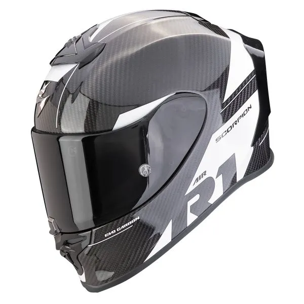 Scorpion Exo R1 Evo Carbon Air Rally Black White + Kit Bluetooth BT Mini 