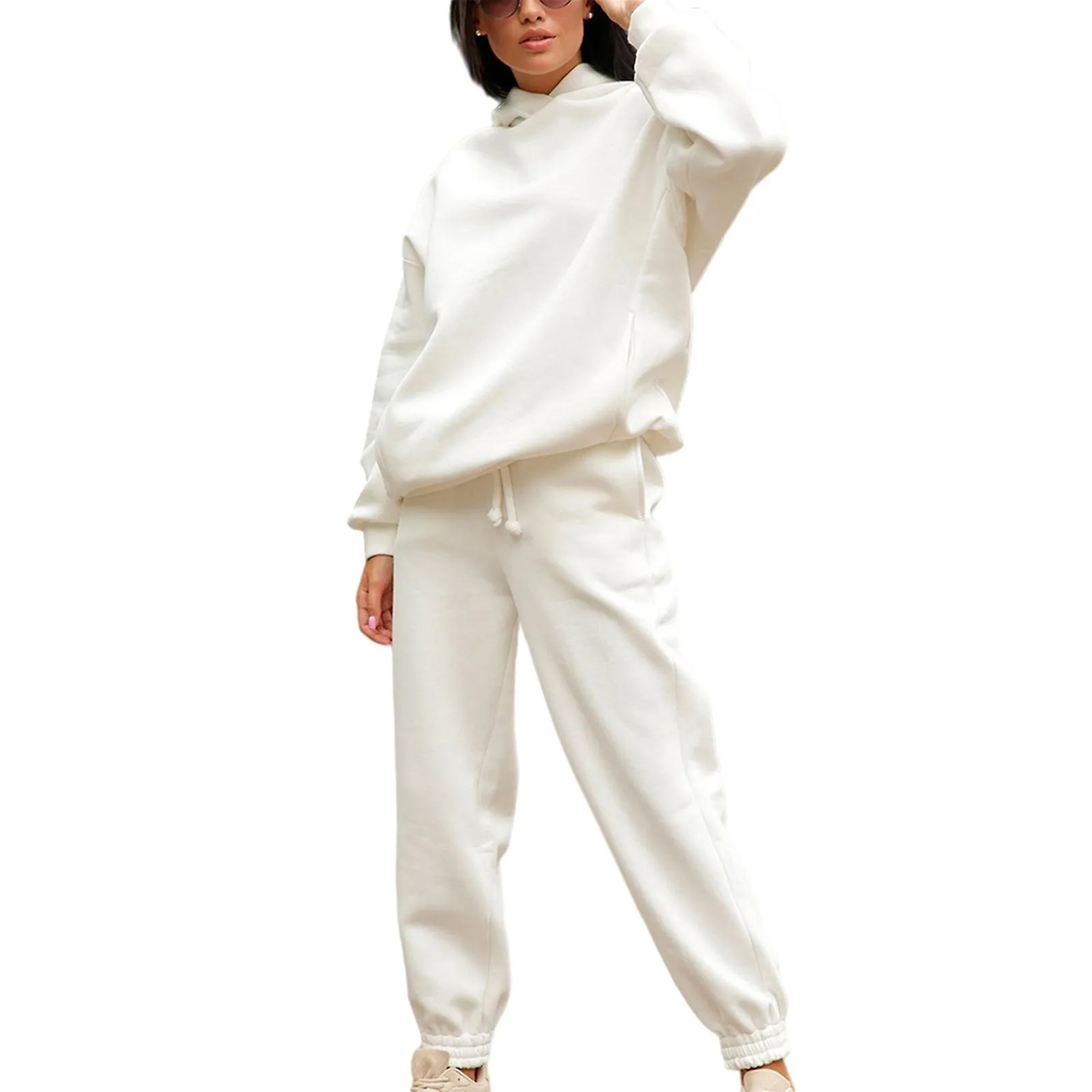 Sudaderas con capucha de 2 piezas Set Solid Color Pullover Sweatshirt & Sweatpants Thick Tracksuit