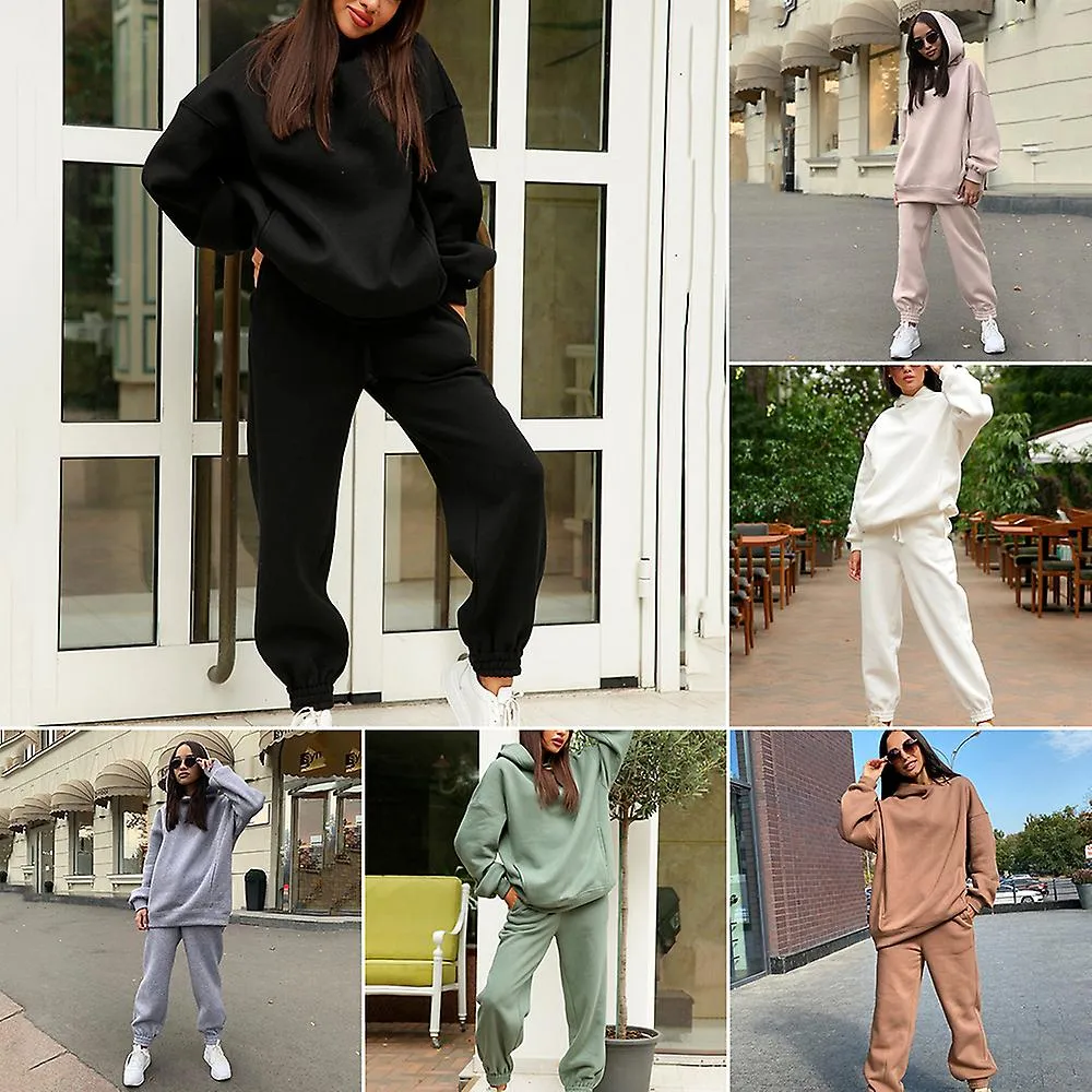 Sudaderas con capucha de 2 piezas Set Solid Color Pullover Sweatshirt & Sweatpants Thick Tracksuit