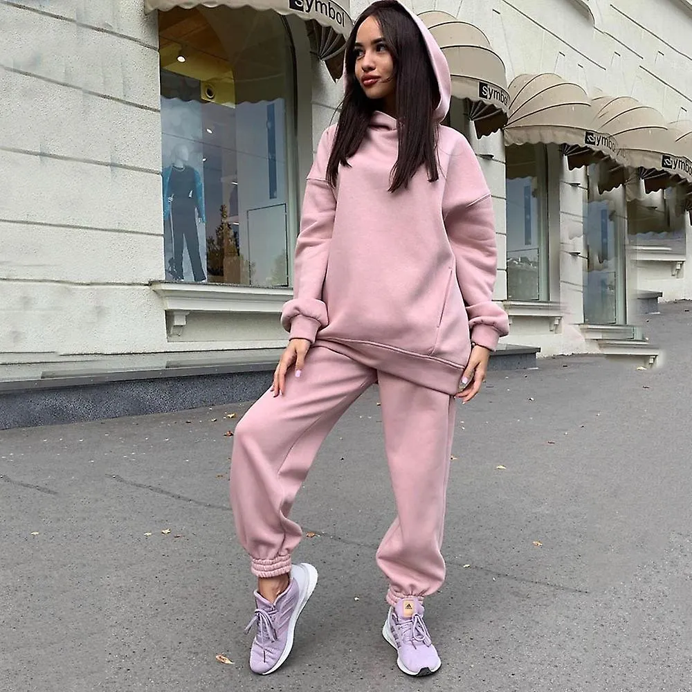Sudaderas con capucha de 2 piezas Set Solid Color Pullover Sweatshirt & Sweatpants Thick Tracksuit