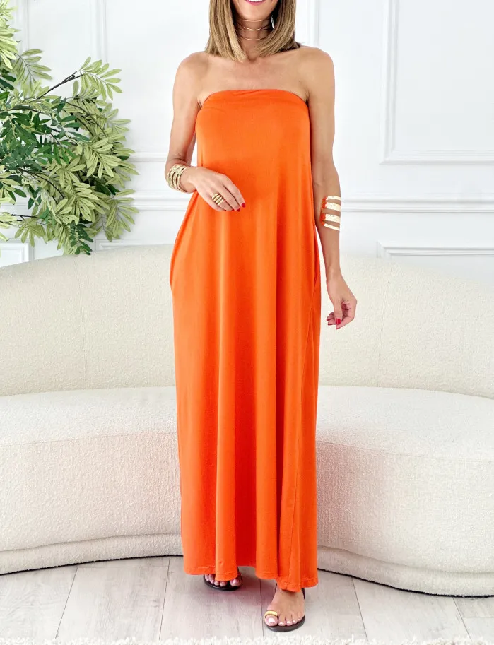 Vestido bandeau coral