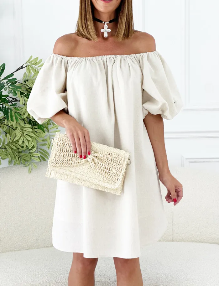 Vestido bardot lino beige