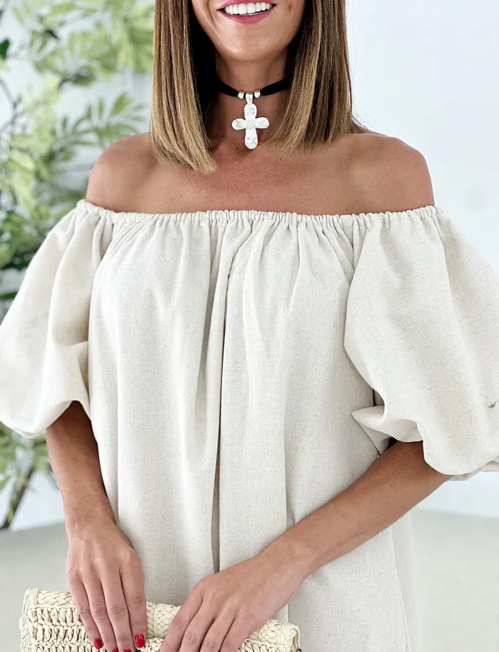 Vestido bardot lino beige