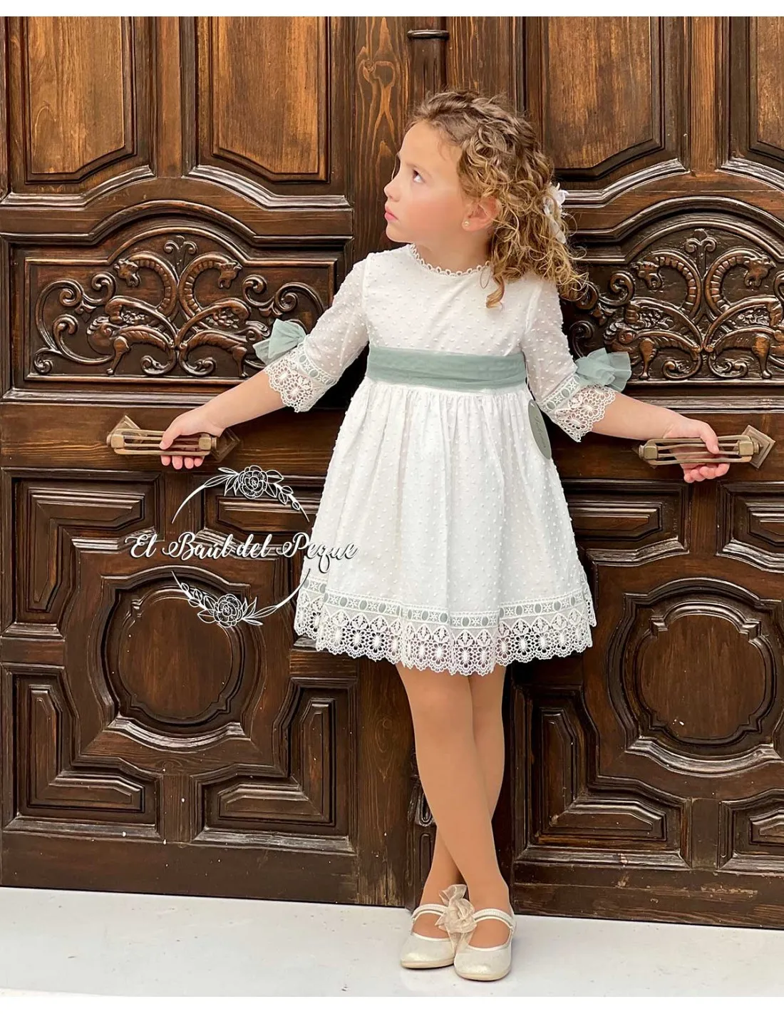 Vestido Ceremonia Plumeti Encajes Julietas Crudo y Verde