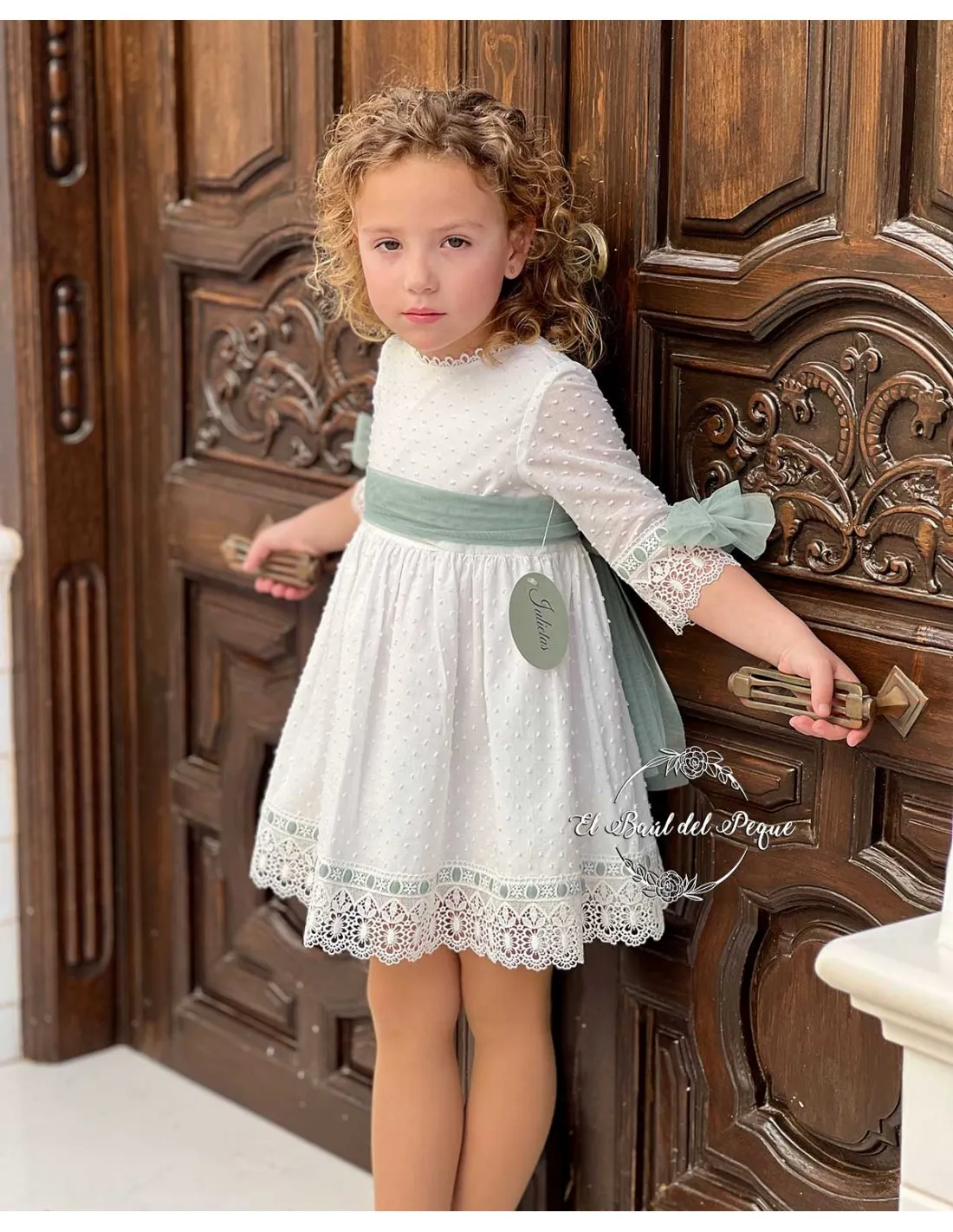 Vestido Ceremonia Plumeti Encajes Julietas Crudo y Verde