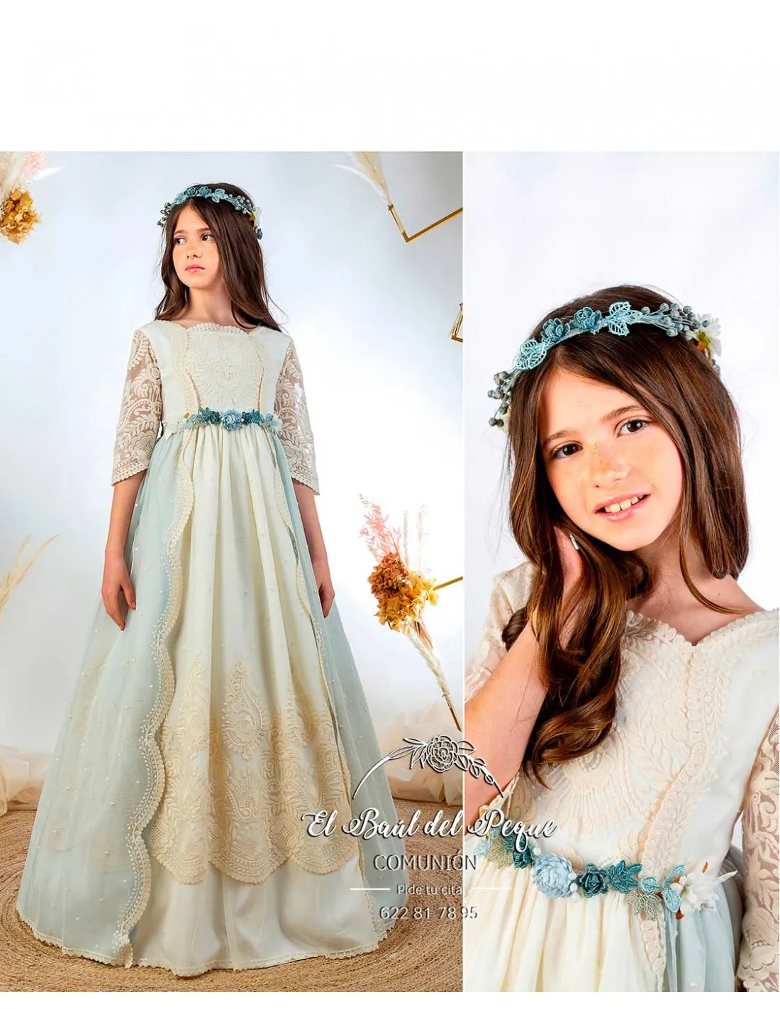 Vestido Comunión Tul Bordado Verde Agua Lilus Temporada 2024
