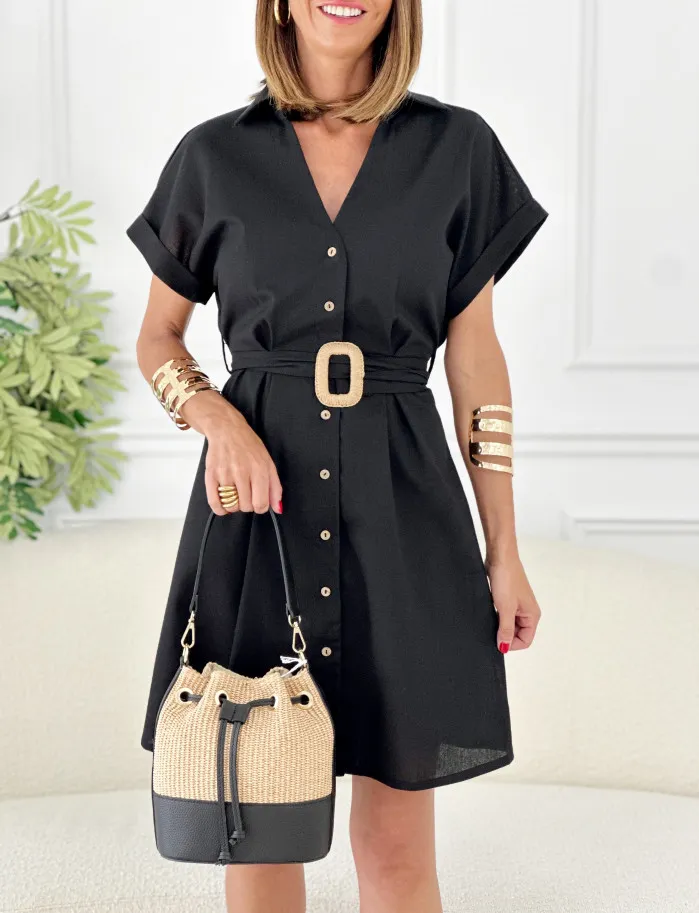 Vestido Costa Rica lino cinturón negro