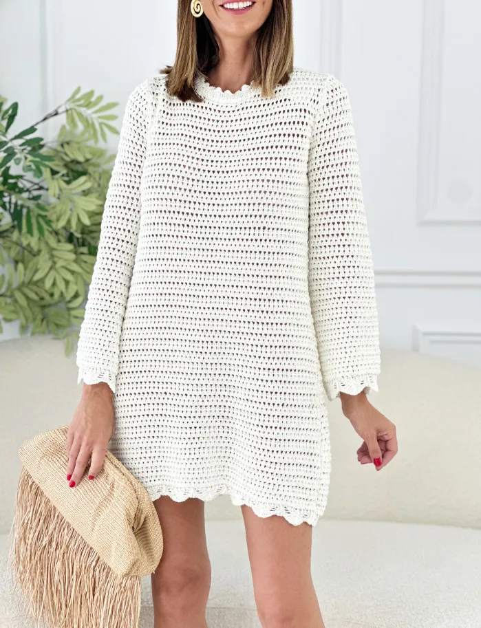 Vestido crochet paillette beige