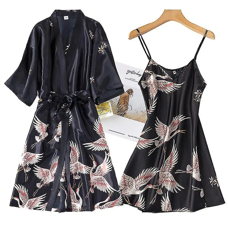 Vestido de bata de seda Kimono Estampado Grúa Camissón Albornoz Lencería