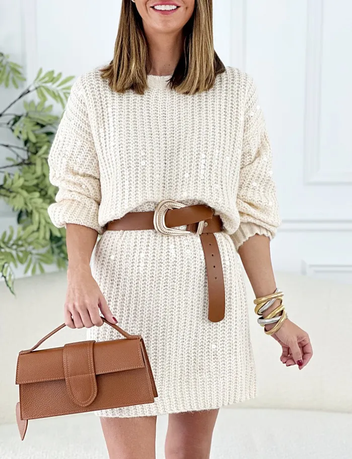 Vestido Jersey Paillettes Beige