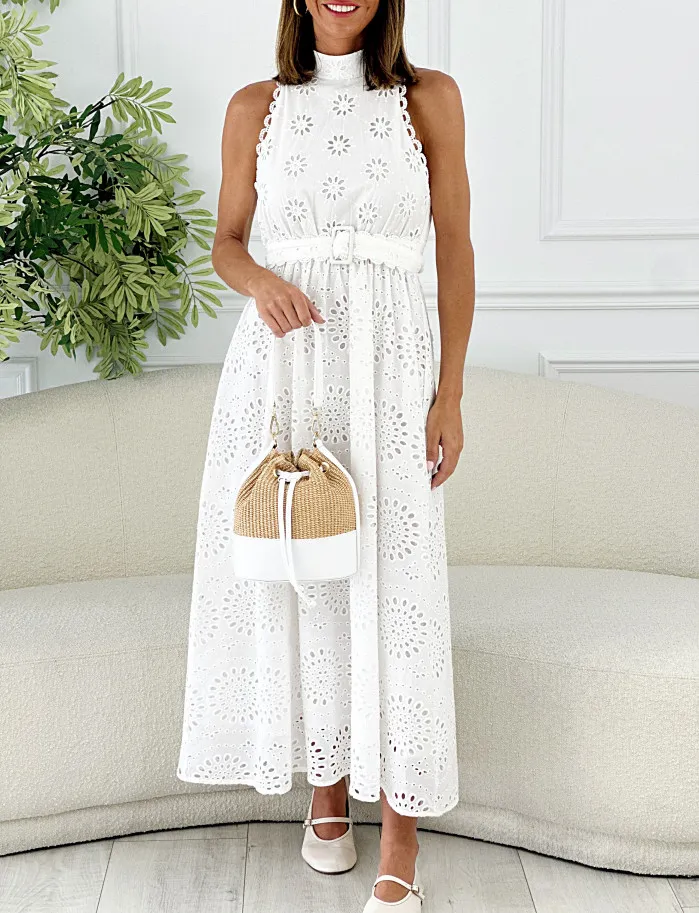 Vestido Sicilia halter troquelado blanco
